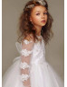 Long Sleeves Beaded Lace Tulle Tea Length Flower Girl Dress